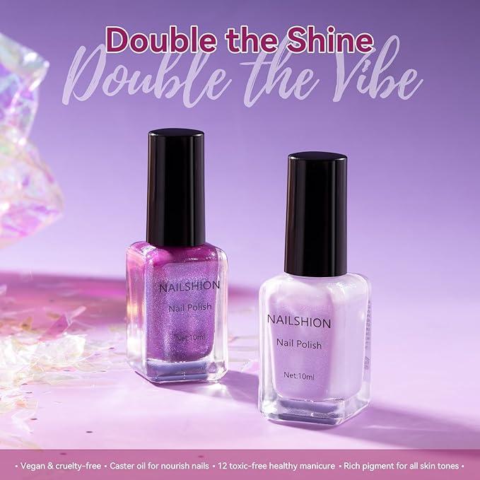 Purple Sparkle Nail Polish, Mermaid Shimmer Shades Classic Fingernail Toenail Polish Duo, Caster Oil Enriched, Non-Gel, Vegan, Opaque, Quick Dry Lilac Glitter DIY Nail Art