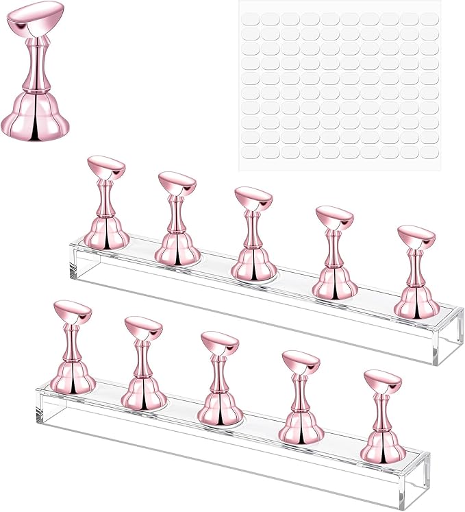 Nail Stands Acrylic Nail Art, 2 Set Magnetic Nail Tips Practice Holder Nail Crystal Holder for Nail Art with Reusable Adhesive Putty Nail Stand for Press On Nails DIY Painting(Rose Gold)