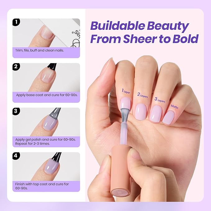 Beetles Amethyst Realm Jelly Purple Gel Nail Polish Set - 6 Colors Spring Gel Polish Kit Jelly Purple Sheer Translucent Effect Soak Off UV French Nail Art Salon DIY Manicure Gift for Women