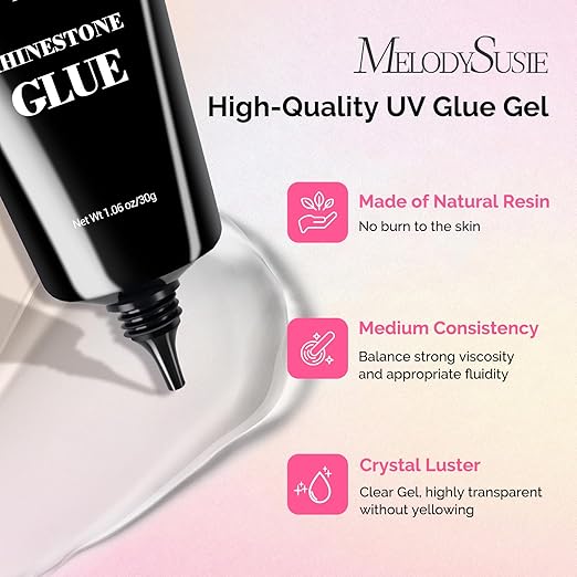 MelodySusie Rhinestone Glue Super Strong Gel Nail Glue for 3D Sculpting Nail Art Design Chrome Powder Decals Decor Need UV/LED Cured 30g (Pack of 2)