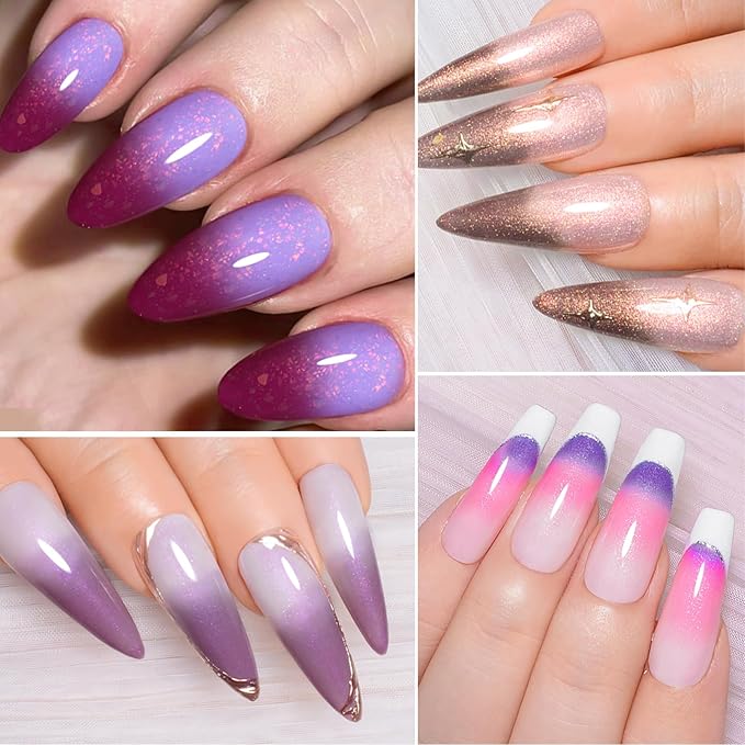 MEET ACROSS 12 Pcs Color Changing Gel Nail Polish Set, 8 Colors Red Pink Glitter Blue Purple Mood Temperature Change Nail Polish with Base Top Gel Nail Dehydrator and Primer