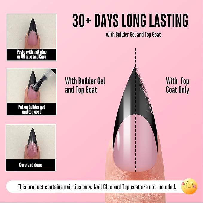 NOVO OVO Black French Tip Sharp Stiletto Pointed Medium Long Nail Tips Press on Berry Pink, Soft Gel Fake Acrylic Extension, Full Cover False Nails for Salon DIY x 16 Sizes 160 pcs