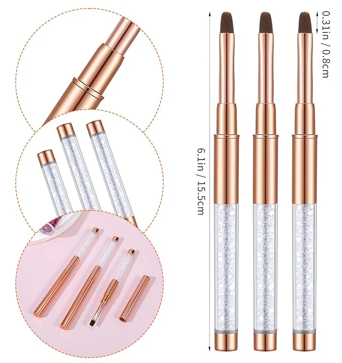 3Pcs Builder Gel Brush, Oval UV Hard Gel Brush for Nail Brushes with Rhinestone Handle, Nails Art Design Perfect for Builder & Polish, Rose Gold