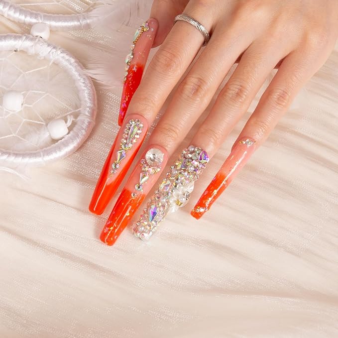LOVFUL Press on Nails Sleeping Beauty | Handmade with Full Covered Crystals | Reusable Full Cover Nails | Coffin Long 2.2 in | H74-S