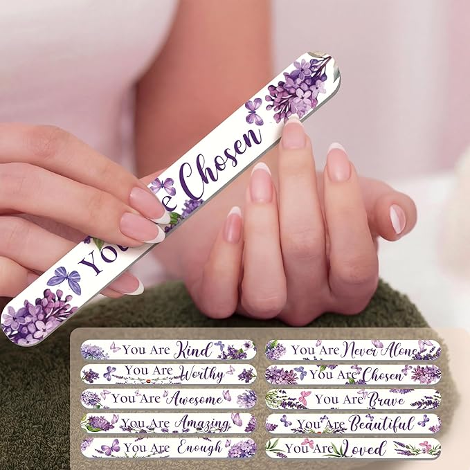 Therwen 50 Pack Christian Gift for Women Purple Butterfly Flower Inspirational Double Sided Nail File Bulk Bible Emery Board Nail Files Religious Appreciation Gift for Teacher Staff Coworker Women