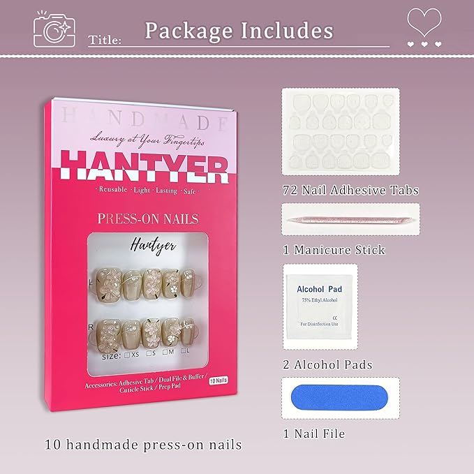 Press on Nails | Short Coffin Fake Nails with Cat Eye Design, 3D Floral & Pearl Accents, False Nails with Icy Tea Glossy Finish, Reusable Handmade Nails in Sweet Style for Women(Size S)