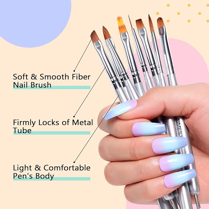 AIMEILI Nail Art Brushes for Nail Polish Gel, 8 Pcs Fingernail Art Design Pens, Dotting Pen Clean Up Liner French Nail Brush DIY Manicure Tools Gift