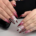 MISUD Press on Nails - Long Stiletto Fake Nails with Burgundy French Tip, Acrylic Heart Pearl Design 24 pcs
