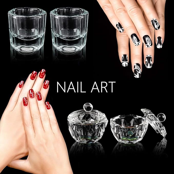 9Pcs Nail Art Brushes Dappen Dish Set for Monomer Acrylic Nail Liquid Powder: 2 Dappen Dish for Acrylics Nails with Lid & 2 Glass Nails Cup Crystal Monomer Dishs & 5 Acrylic Nail Brush