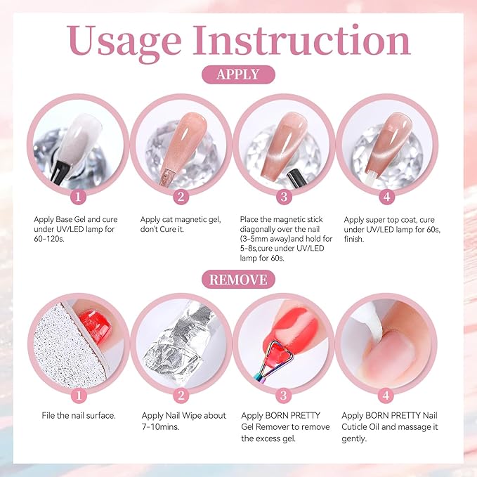 Born Pretty Golden Mirage Cat Magnetic Eye Gel Nail Polish Set,6 Colors Spring Summer Gold Glitter Pink Green Magnetic Gel Polish Kit Soak Off U V Gels DIY Art for Girls Women