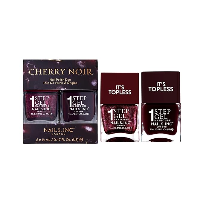 Nails Inc It's Topless Gel-Like Cherry Noir Nail Polish Duo, 4-in-1 Base Coat, Treatment, Color & Top Coat, Long Lasting, Strong, Chip Free, Glossy Salon Quality Manicure, Air Dry, 2 Piece Set