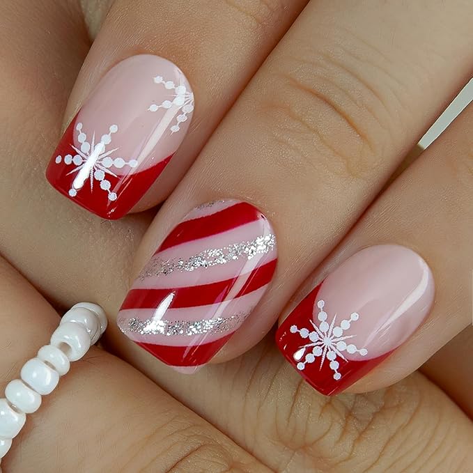 CurvLife Press On Nails – 30Pcs Soft Gel Fake Nails, Reusable Glue On Nail Kit with Adhesive Tabs, Natural Fit & Salon-Quality for Women & Girls (Christmas Candy Cane)