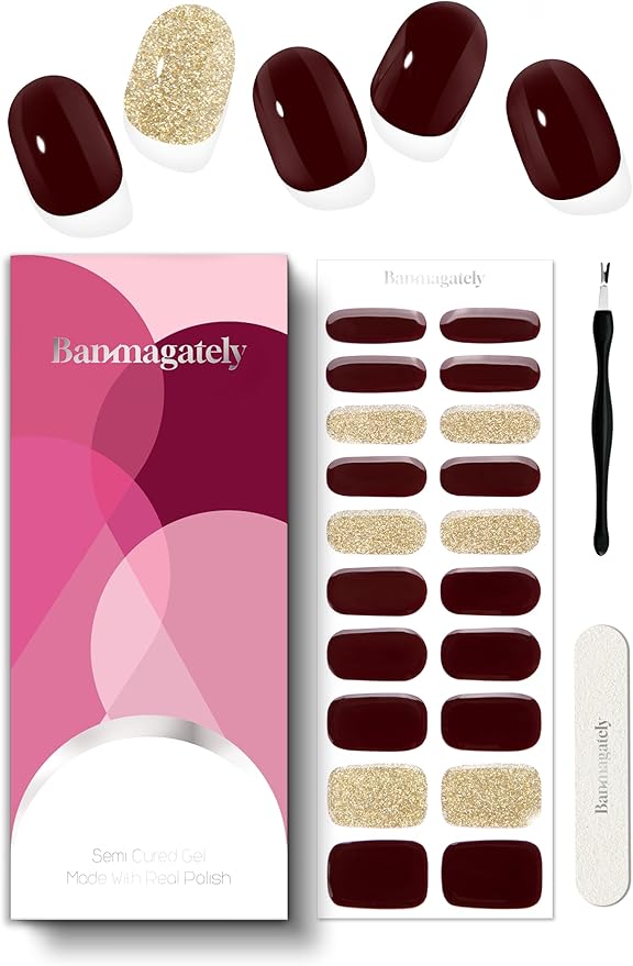 Semi Cured Gel Nail Strips, 20Pcs Long Lasting Salon Quality Wraps, Easy Apply & Remove Gel Nail Stickers with UV Light (Sparkling Garnet Red)