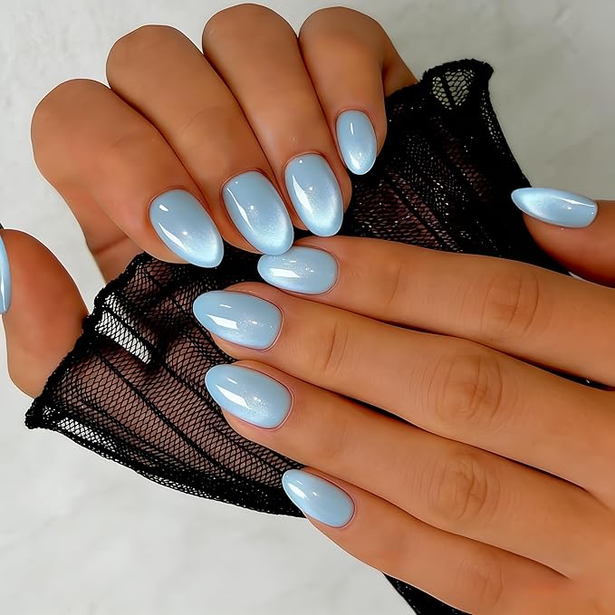 Cat Eye Press on Nails Short, Chrome Press on Nails Oval, Thick Glazed Pastel Light Blue Fake Nails Press ons for Women, Reusable Magnet Bling Glitter Glue On Nails Almond in 15 Sizes, 30 Pcs