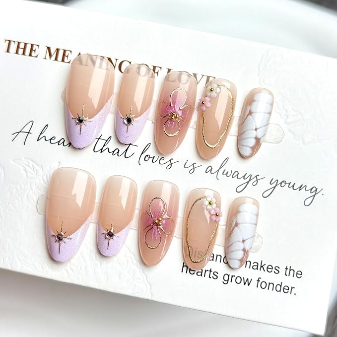 30Pcs Handmade Press on Nails, Rhinestone Stick on Purple French Tip False Nails with 3D Gold Flowers Lines Designs Pink Glossy Glue on Nail Full Cover Press Ons Fake Nails for Women