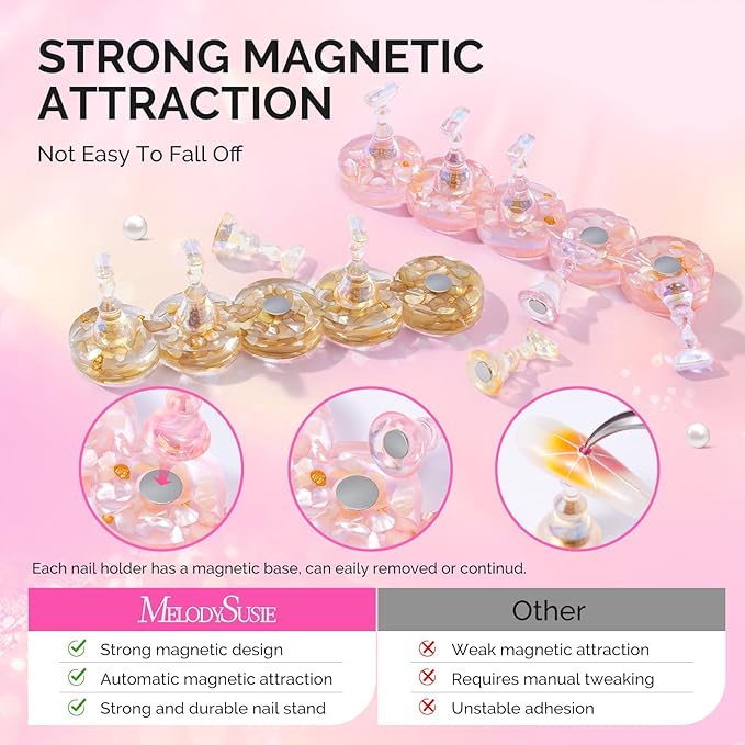 MelodySusie Nail Stand for Press Ons, Round Shell Shape Magnetic Base for Painting Display with Brush Holder and 100 Pcs Reusable Double-Sided Tape for Home DIY Salon Supplies, Pink and Brown