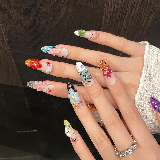 Handmade Press on Nails Colorful Flower Press on Nails Medium Almond Fake Nails Rhinestones Acrylic Nails Reusable Flower False Nails Glossy Designs for Women Girls DIY Manicure Decorations (Size M)