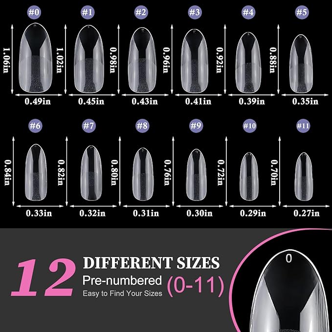 AddFavor Medium Oval Gel Nail Tips, 600pcs Round Acrylic Nail Tips Full Cover Clear Press on Nails False Tips for Nail Extension, 12 Sizes Fake Nails