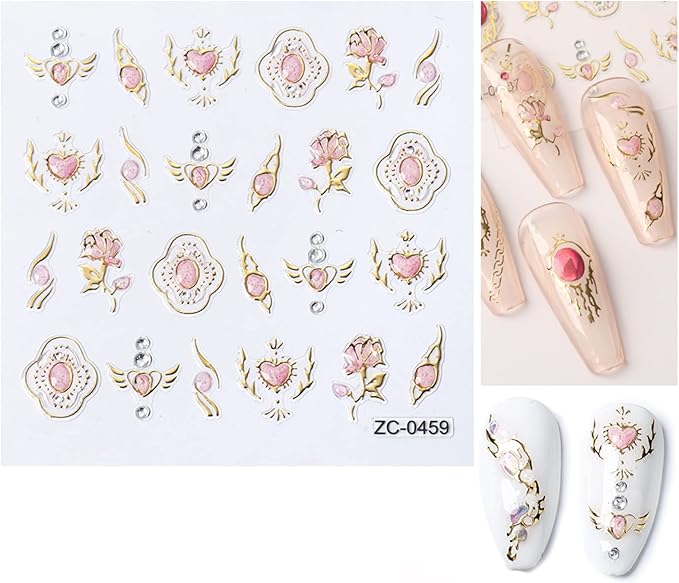 NOODCO 5 Sheets 5D Bronzing Nail Art Stickers Decals, Fishtail Shell Embossed Self-Adhesive Sticker Gemstone Flower Heart Sun Butterfly Gold Metal Line Design Supplies for DIY Decoration Women