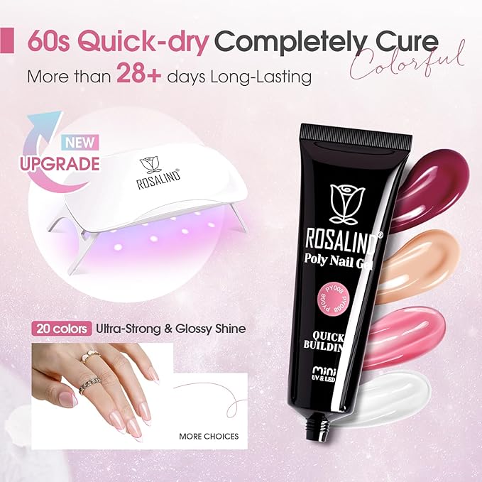 ROSALIND Light Pink Nude Poly Nail Gel Kit 0.34 oz/10 ml - 20 Colors White Brown Poly Extension Gel with Mini U V Lamp Builder Nail Gels Starter Kit with Nails Forms Base Coat Coat Beginners Set