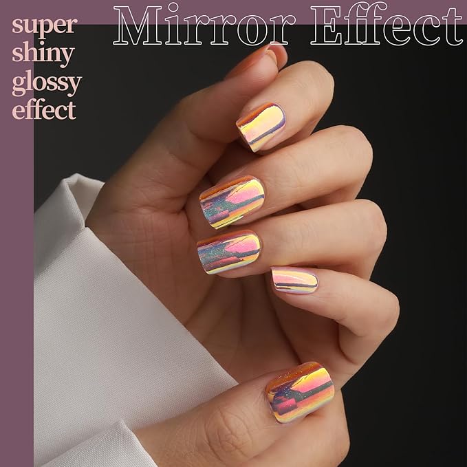 FANDAMEI Press on Nails, 6 Colors Chrome Press on Nails Short, Cat Eye Nails Short Round, Natural Fake Nails with Chrome Mirror Effect, Super Shiny Ombre, Glossy for Women with Salon Quality