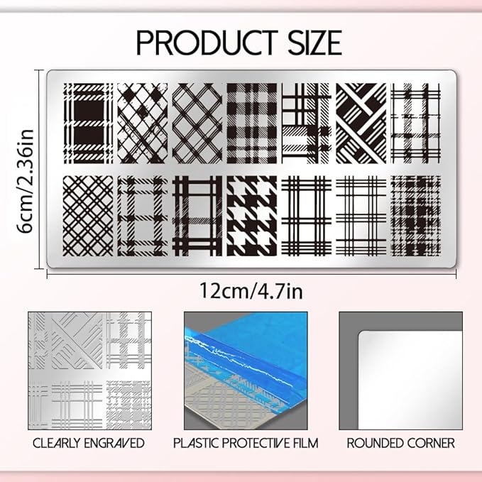 UNICRAFTALE 3Pcs Nail Stamp Plates Set Lattice Texture Nail Stamping Plate Texture Image Nail Stencils Plaid Argyle Pattern Nail Art Stamping Template with Nail Scraper for Women Nail Design Tools