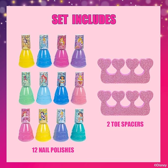 Townley Girl Disney Princess Water Based Peel Off Quick Dry Nail Polish with Nail Separators Gift Kit Set for Kids Girls 14 Pc Set Perfect for Parties, Sleepovers and Makeovers