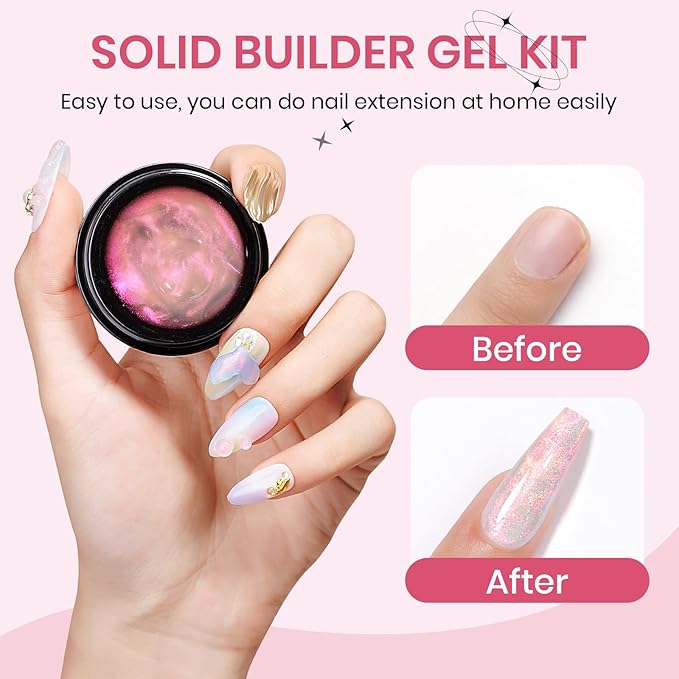 Solid Sculpture Builder Gel, Aurora Pink 3D Nail Gel White Non-Stick Hand Nail Extension Gels for Carving Patterns Decoration Hard Gels for Nails Mnicure DIY at Home 14g(0.49 oz)