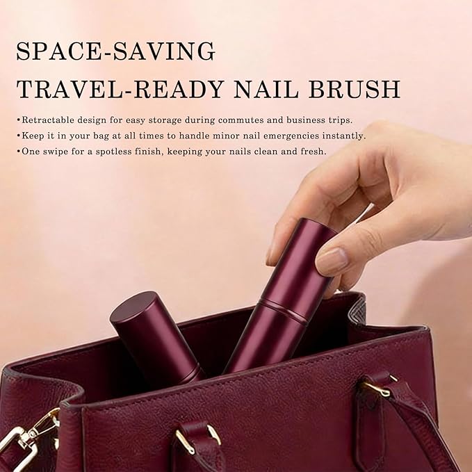 WOKOTO 2 PCS 2-in-1 Retractable Brushes - Nail Art Dust Remover for Acrylic Nails, Round & Angled Makeup Brushes for Foundation & Cream, Burgundy Handle Dust Brush, Travel-Friendly Aluminum Tube
