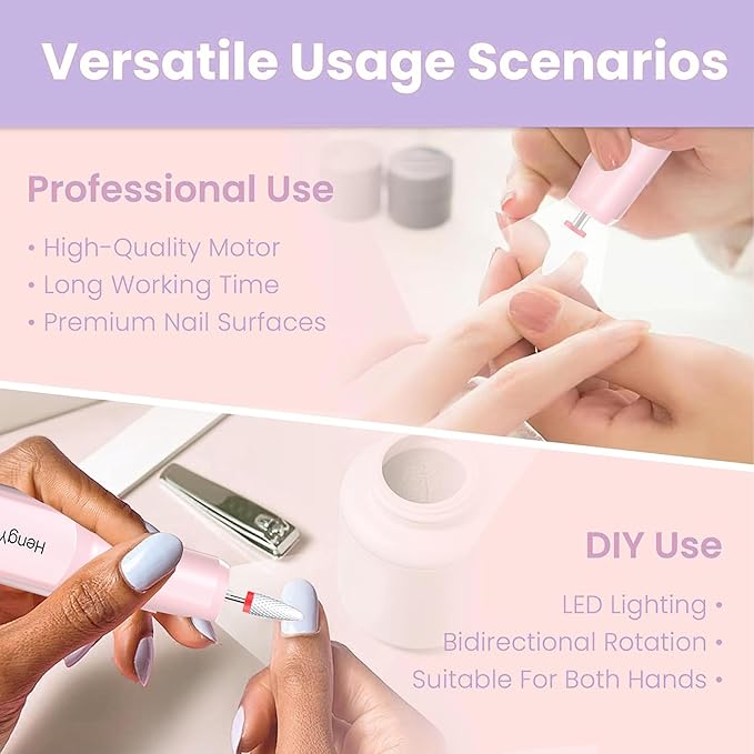 Cordless Electric Nail Drill Professional 3 Speeds Nail Drill Kit for Acrylic Gel Dip, USB Portable Rechargeable 20000 RPM Efile Manicure Pedicure Polishing Shape Tools(Purple)