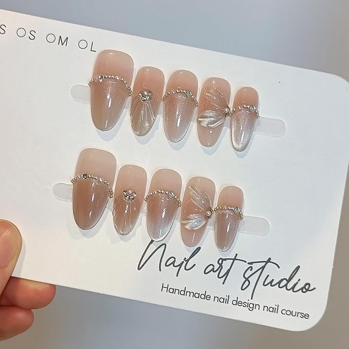 Mermaid Cat Eye Press on Nails 10Pcs Kit,Medium Almond Nude Pink Fake Nails with 3D Wave Shell, Chain Rhinestone French Tips Spring Summer False Nails,Handmade Glue on Nails Luxury Design(M)
