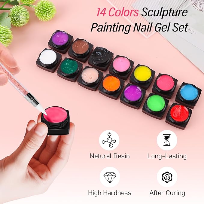 EBANKU 14 Colors Sculpture Painting Nail Gel Set, 3D Nail Carved Gel Sculpture Creative DIY Decoration Painting Glue with Silicone Mold, Silicone Pen, Cuticle Pusher and Carving Brush