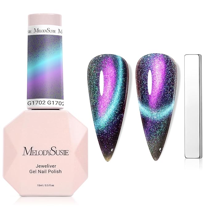 MelodySusie 9D Chameleon Cat Eye Gel Nail Polish, 0.5 Fl Oz Blue Glitter Holographic Magnetic Nail Polish with Magnet, UV Nail Polish for Nail Art Manicure Salon DIY at Home G1702