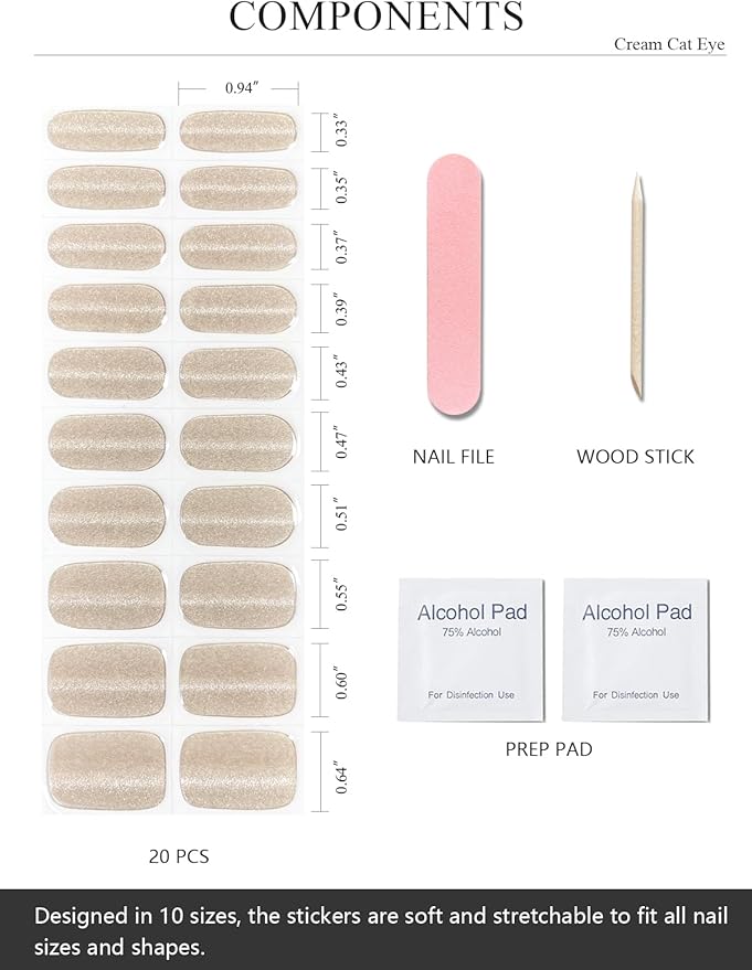 Semi Cured Gel Nail Strips (Cream Cat Eye), Clear, 20 Pcs Gel Nail Wraps, Stickers, Salon Quality, Works With Any UV Lamps
