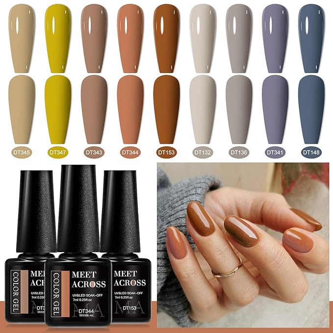 MEET ACROSS 9 Colors Gel Nail Polish + 3PCS Function Gel Nail Polish Kit,Fashion Nail Art Set Design Gifts for Women Manicure Salon (SET5, 12pcs)
