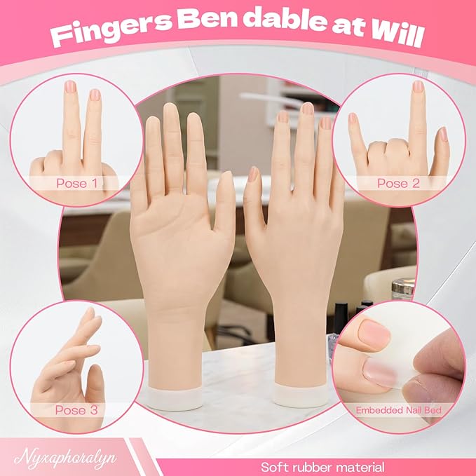 Practice Hand for Acrylic Nails, 2 Pack Flexible Bendable Nail Hand with Adjustable Stand, Nail Training Kit for Beginners & Nail Artists (Left and Right)
