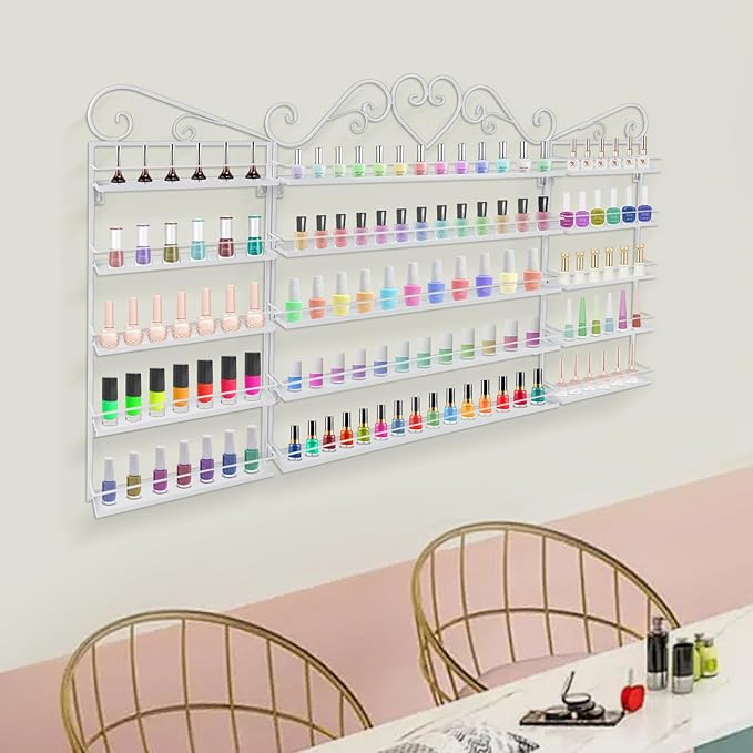 Nail Polish Rack Wall Mount, 5 Tiers Nail Polish Bottle Holder, 200 Bottles Organizer Shelf, Storage Display Holder for Home Salon Business Spa (White)