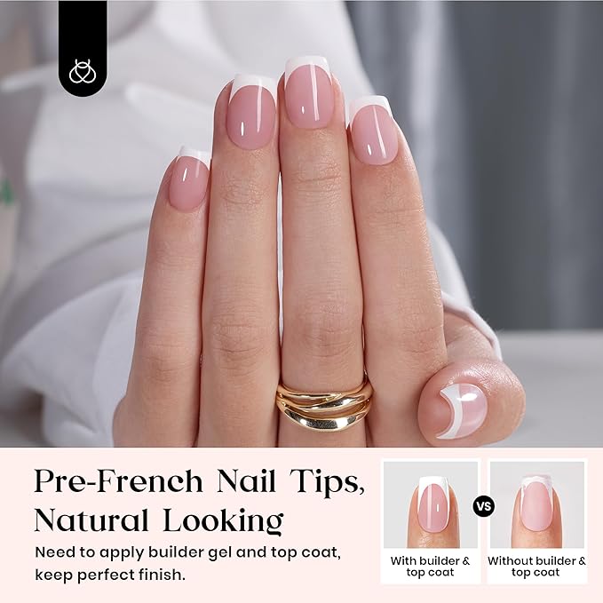 Beetles French Tips Press On Nails: 150 Pcs Pink Short Square Press On Nails Fake Nail Tips, Soft Gel Nail False Nails Art DIY Gifts For Women