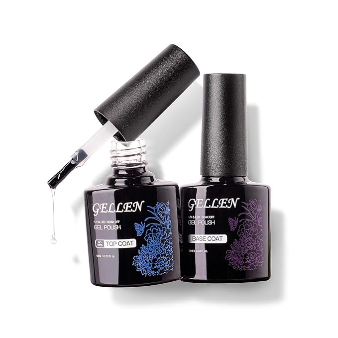 GELLEN Gel Top Coat and Base Coat, 2Pcs No Wipe Gel Nail Polish, Soak Off Nail Lamp Clear Base Top Coat Long Lasting Finish Nail Art Design Home Gel Manicure Kit