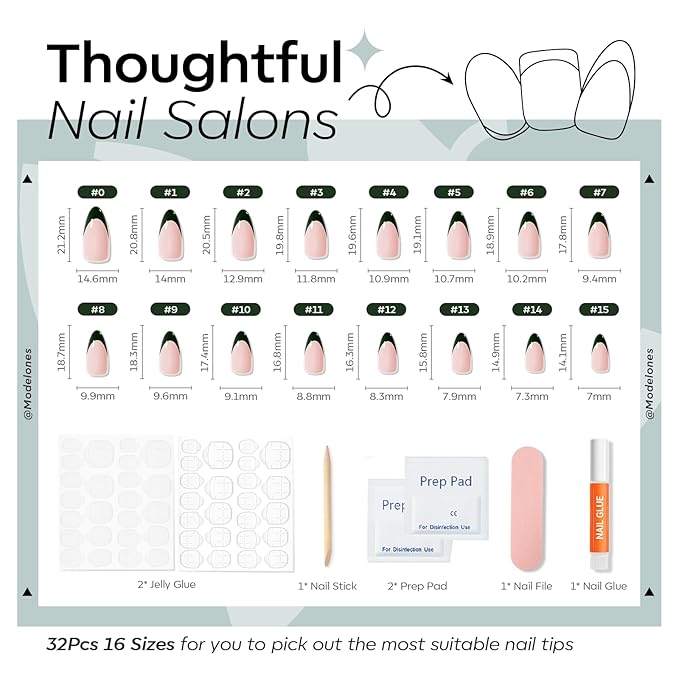 Modelones Green French Tip Press on Nails Almond, St Patricks Day Spring Short Almond Fake Nails, Nail Kit with Nail Glue Adhesive Tabs Mini Nail File, Nails Press Ons 32Pcs16 Sizes