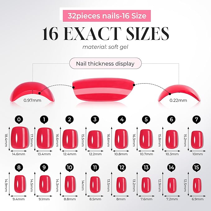 UNA GELLA Soft Gel Press on Nails - 16 Sizes Red Short Square Glue on Nails, 32Pcs Reusable Red Solid Color False Nails with Glue, Full Cover Acrylic Nail Kit for Women DIY Home Manicure
