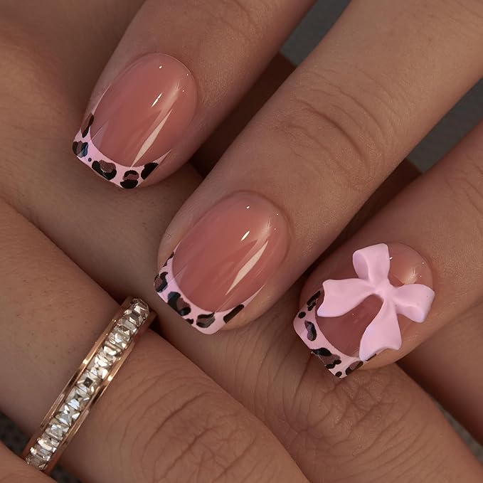 Curvlife Shohrt Square Press On Nails – 30PCS Full Cover False Natural Fit Soft Gel French Nail Tips with Leopard Print and 3D Bow Accent, Easy to Apply at Home Glue On False Nails Kit