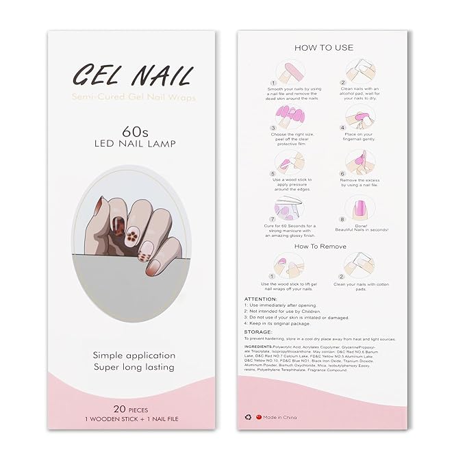 JMEOWIO Gel Nail Stickers Coffee Flower French Tip Semi Cured Gel Nail Strips Wraps UV/LED Nails Art Design Decoration Accessories