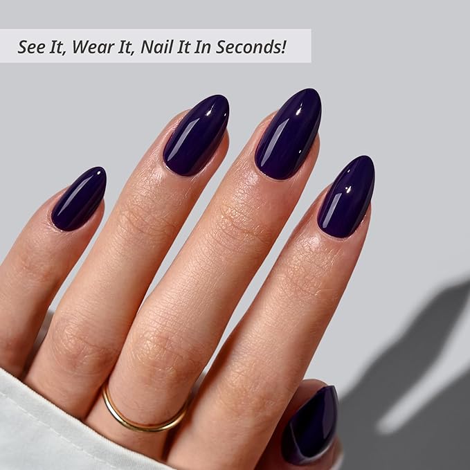 BTArtbox Press On Nails Almond - Dark Purple Short Press On Nails with Glue for Women, Opaque Soft Gel Glue On Nails in 16 Sizes - 32 Stick On Nails Kit, Storm Black