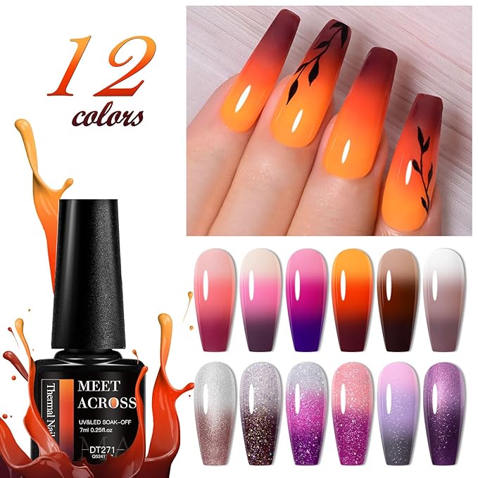 MEET ACROSS 12Pcs Color Changing Gel Nail Polish Set Purple Brown Glitter Temperature Mood Changed Nail Polish Gel DIY Salon Gift for Women