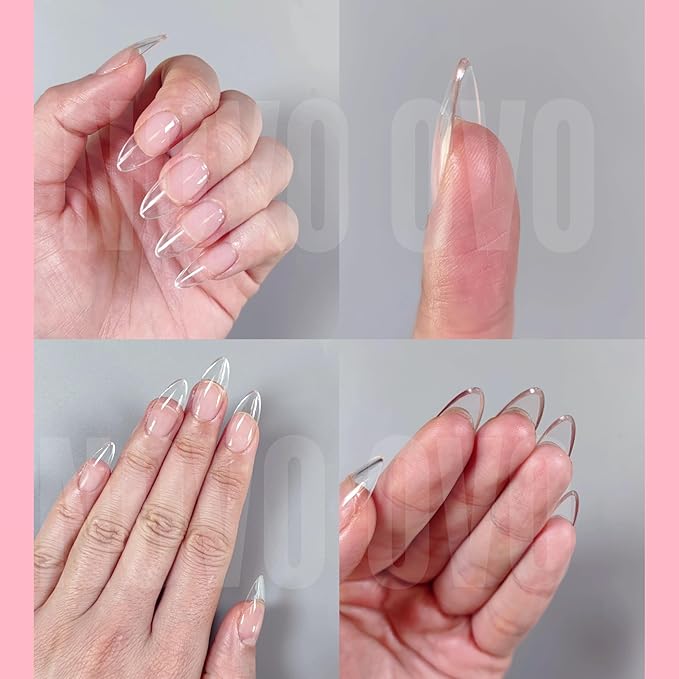 NOVO OVO Medium Almond Nail Tips Extra Thick Press on No C Curve, Soft Gel Natural Fake Nail Extension, Full Cover Clear False Nails for Acrylic, French Manicure Salon DIY x 14 Sizes 224 pcs