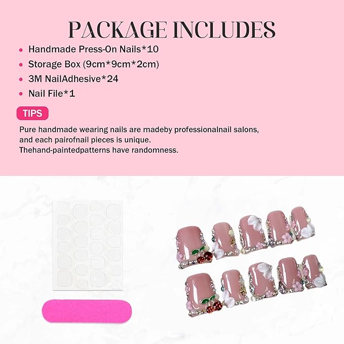 Pink Handmade Press on Nails Duck Medium Fake Nails 3D Cherry False Nails with Glue Sparkling French Tips False Nails Handmade Duck Nails Press ons Reusable Stick on Nail for Women 10Pcs(M)
