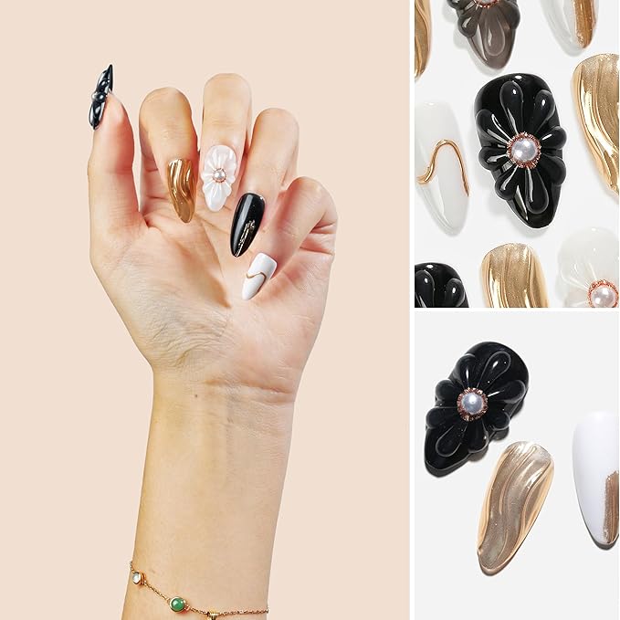 Sun&Beam Nails Handmade Press-on Medium Long Almond Black White Gold 3D Mirror Pearl Design False Nail Tips 10 Pcs (#130 S)