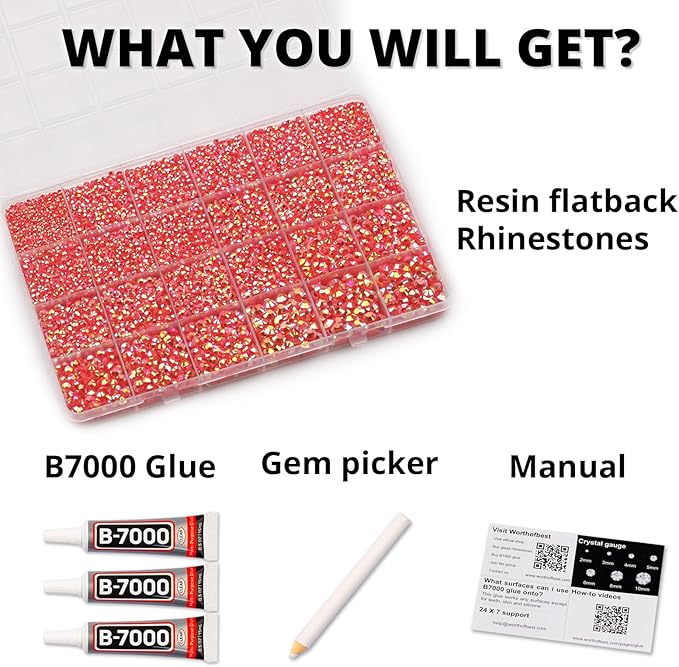 33000Pcs Red AB Rhinestones for Bedazzling, Bedazzler Kit with Flatback Craft Rhinestones Red AB Bulk and B7000 Glue, 2,3,4,5,6mm Resin Flat Back Crystals for Craftings, Crafts, Clothes, Shoes, Nails
