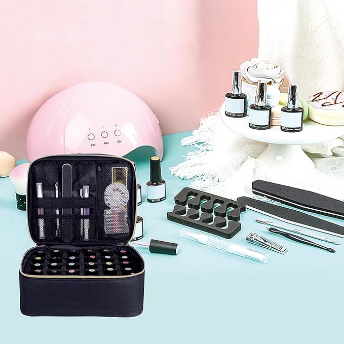 Nail Polish Organizer, Handheld Double Layer Organizer Holds 30 Bottles (15 ml/0.5 floz) with Adjustable Dividers for Nail Polish Small Manicure Lamp Manicure Tools Essential and Travel,Black